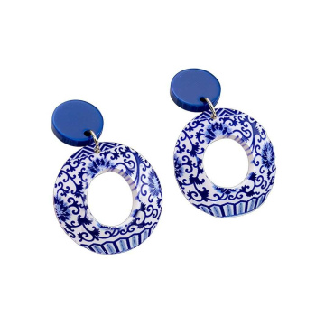blue and white porcelain round hollow earrings