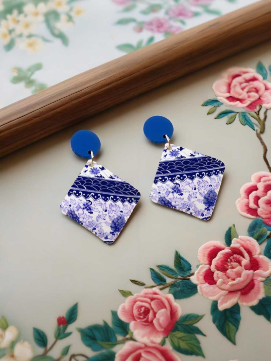 Chinese Spring and Summer New Blue-and-White Square Pendant Earrings -| Geometric Outline .  Classic Porcelain Patterns, a Cultural Easter Egg for Daily Wear