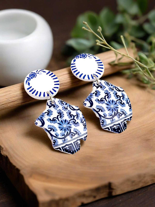 Spring Summer Blue-and-White Porcelain Vase Earrings | Vintage Floral Jewelry