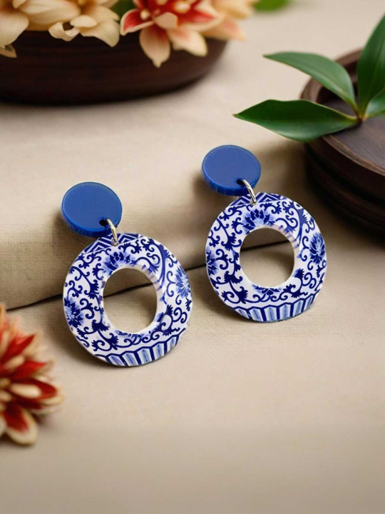 Blue and White Porcelain Round Hollow Earrings with Entwined Lotus Pattern