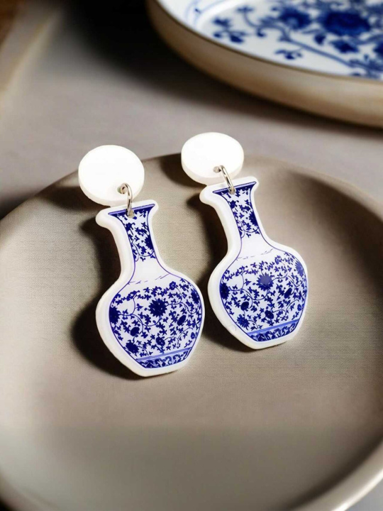 Vintage Oriental Style — Blue and White Porcelain Vase Earrings with Floral Motif, A Touch of Eastern Elegance
