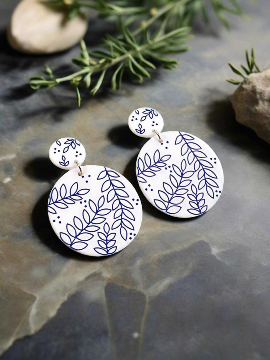 Oriental blue and white porcelain circular earrings