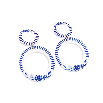 Blue and white porcelain round hollow earrings 