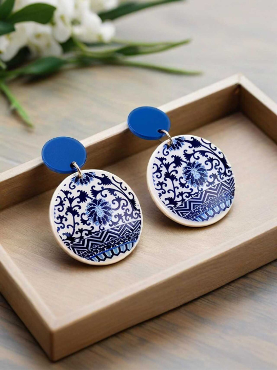Oriental Classic Blue and White Porcelain Pattern Earrings