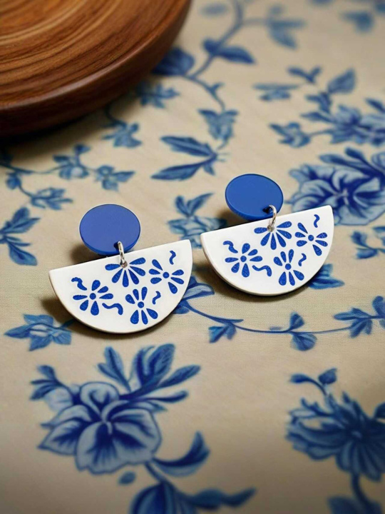 Blue - and - White Porcelain Semi - Circle Chinese Earrings Spring - Summer 2025