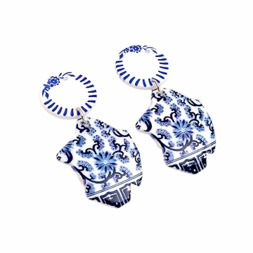Blue and white porcelain shield earrings 