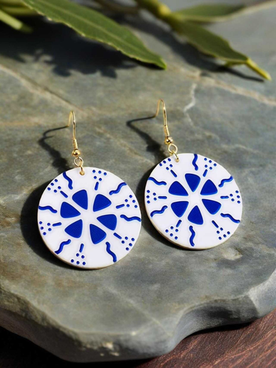 Oriental Round Earrings with Hexagonal Blue-and-White Porcelain Floral Motif