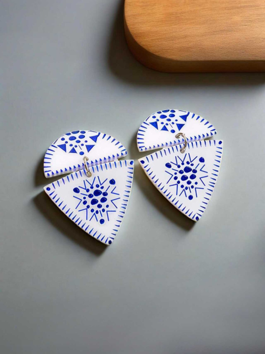 Blue and White Porcelain Triangle Pick Earrings. Oriental Aesthetic Blend with Modern Design, a Highlight for Daily Outfits