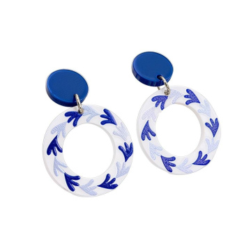 blue and white porcelain round hollow earrings
